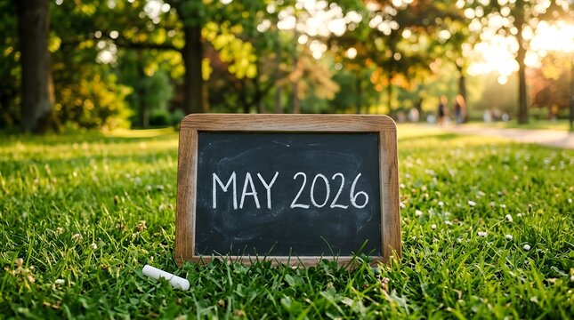 Chalkboard sign displaying may 2026 in a grassy park