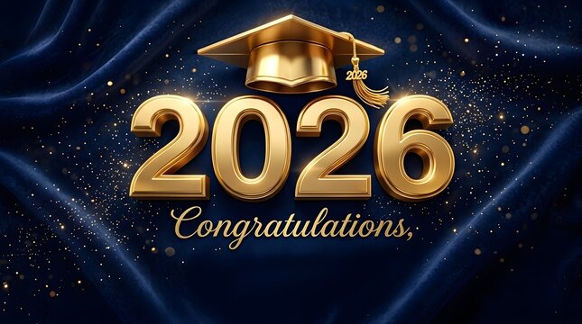 Class of 2026 graduation congratulations with golden numbers and mortarboard cap on dark blue velvet background
