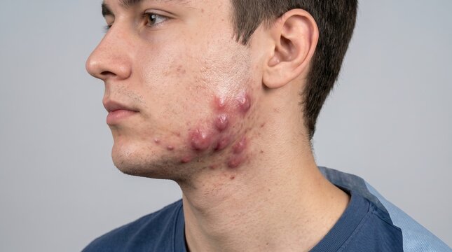 Side view of young Caucasian man with severe cystic acne and nodules on jawline and neck