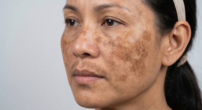 Side view of mature Asian woman face with severe melasma and dark hyperpigmentation spots
