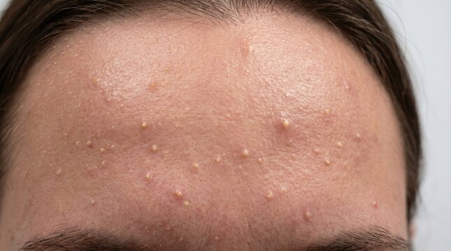 Close up of person forehead with numerous small closed comedones whiteheads and bumpy skin