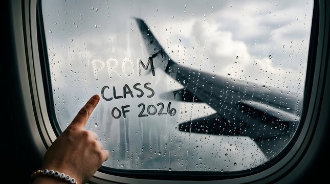 A hand touching a plane window with the text prom class of 2026 written in the condensation, view of a wing outside