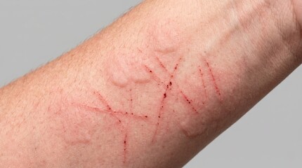 Fototapeta premium Close up of skin prick test reaction showing raised wheals and scratches on forearm