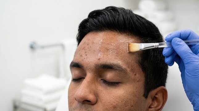 Aesthetician applying chemical peel gel with brush on young man forehead with acne