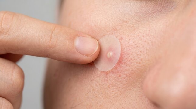 Close up of finger applying transparent hydrocolloid pimple patch onto a facial whitehead