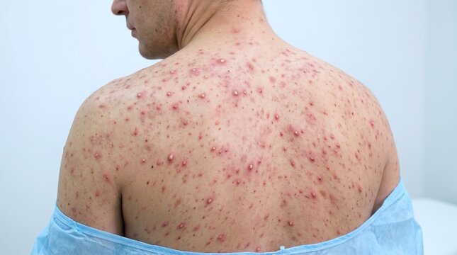 Rear view of young man shoulder and back covered with severe cystic acne pustules