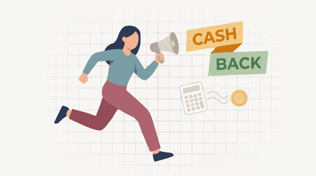 Woman running with megaphone promoting cashback offer illustration