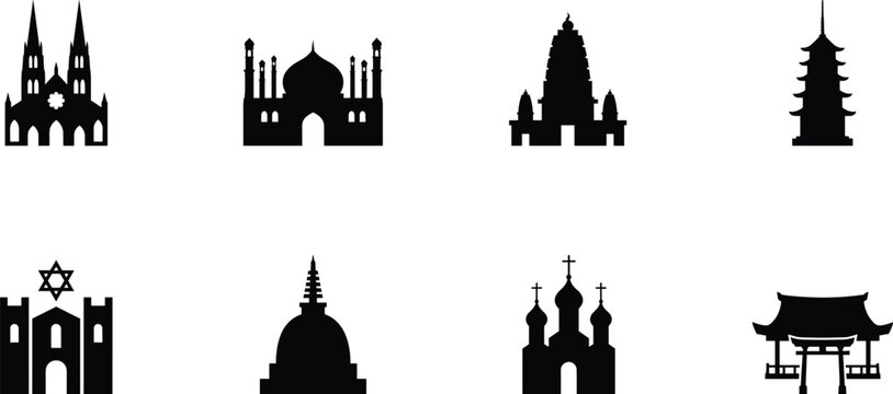 World religion architecture silhouettes with cathedral, mosque, temple, pagoda, synagogue, stupa, Orthodox church, and Shinto shrine