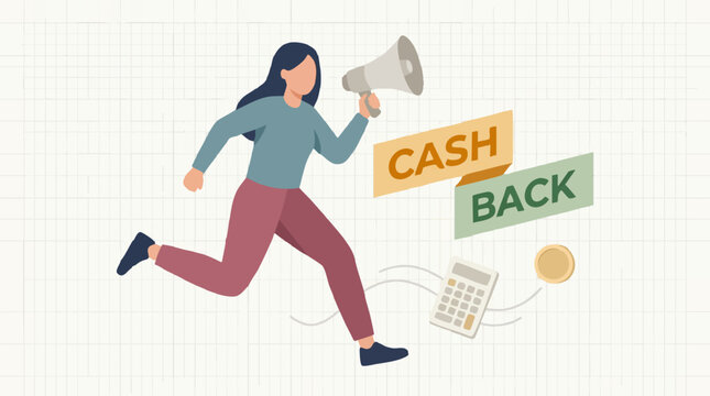 Dynamic illustration of woman promoting cash back offer with megaphone