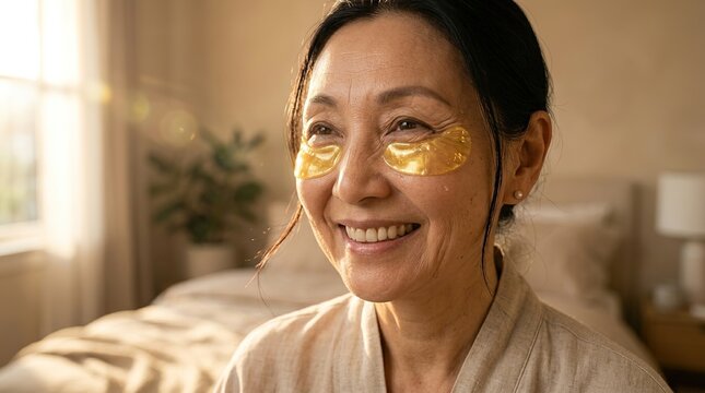 Smiling mature Asian woman wearing gold hydrogel under eye patches in her bedroom
