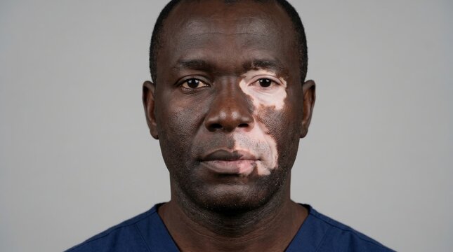Front portrait of African American male doctor or nurse with vitiligo skin condition