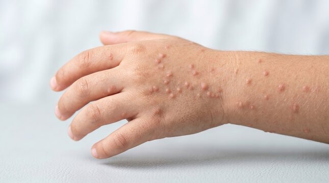 Close up of child hand and wrist with numerous itchy papular rash bumps