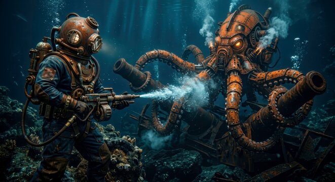 Steampunk. Underwater. Mechanical Octopod