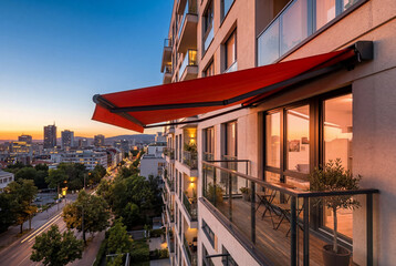 Obraz premium Red retractable awning on modern building balcony at sunset