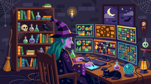 Witch analyzing data on multiple computer screens in magical office