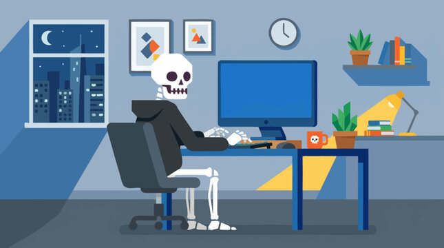 Overworked skeleton sitting at a computer desk late at night