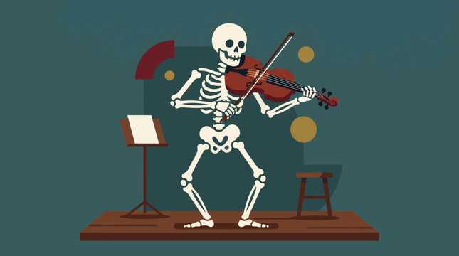 Skeleton playing violin on a wooden stage with music stand