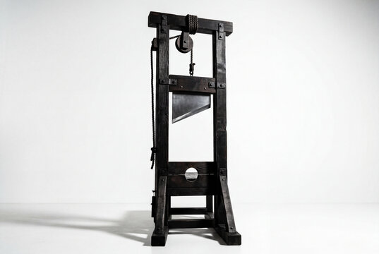 Imposing rustic wooden guillotine standing upright against a white background