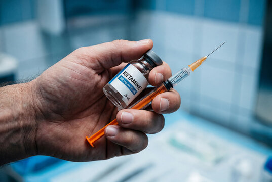 Male hand holding glass vial of liquid ketamine and a syringe