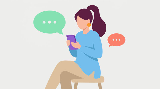 Person messaging on smartphone with chat bubbles, flat illustration