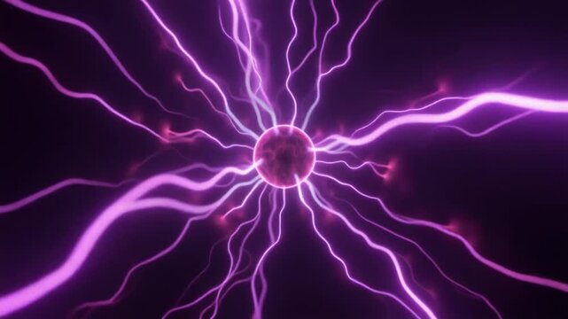 暗い背景のコアから噴出する、光るネオンパープルのプラズマアークと電気の蔓