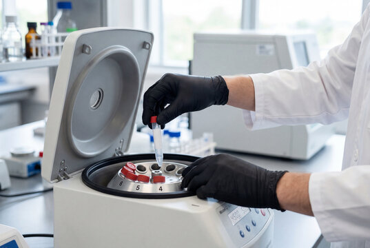 Lab technician placing sample tube into centrifuge