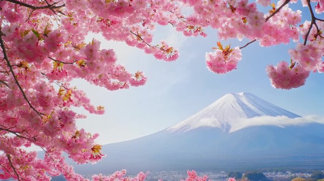 右側に咲き誇るピンクの桜の枝で縁取られた、象徴的な富士山