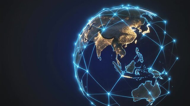 右側に配置された、光る青と金のネットワークラインによる相互接続されたグローバルマップの視覚化