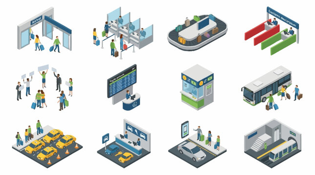 Isometric airport and travel icons depicting various scenes like check-in, security, baggage claim, and transportation.