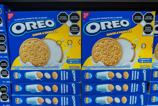 Villa de Alvarez, Colima. Mexico. June 17, 2026: Vanilla Oreo Cookie Packages Displayed on Supermarket Shelf for Retail Sale