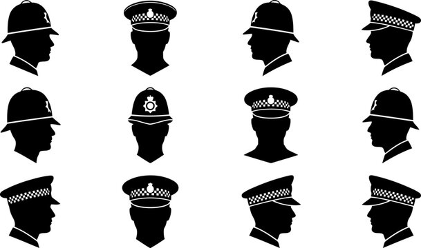 Set of police officer silhouettes wearing traditional british police hats