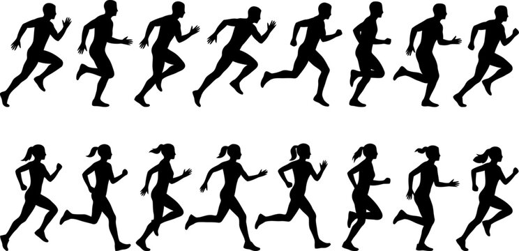 Set of running man and woman silhouettes in different poses