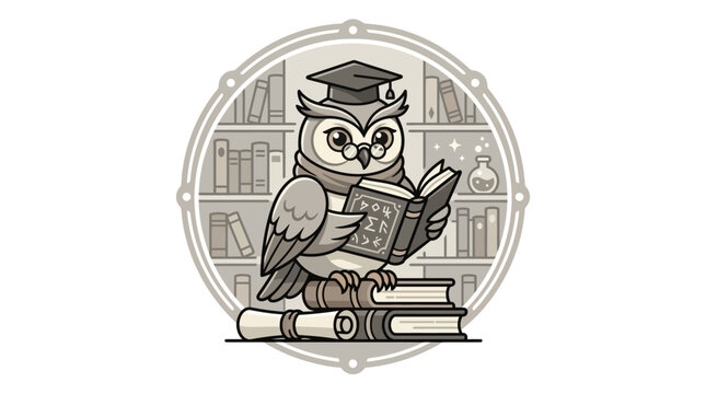 Owl wearing graduation cap reading book.
