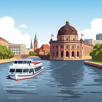 Vector illustration of a white sightseeing cruise boat on the Spree River in Berlin, Germany, approaching the historic Bode Museum and Museum Island under a clear blue sky.