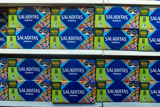 Villa de Alvarez, Colima. Mexico. June 17, 2026: Saladitas Crackers Multipack Boxes Displayed on Supermarket Shelf