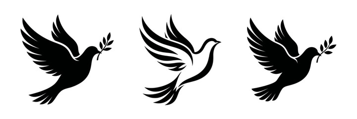 Fototapeta premium Minimalist Flying Dove Silhouettes Set with Olive Branch Isolated on White Background