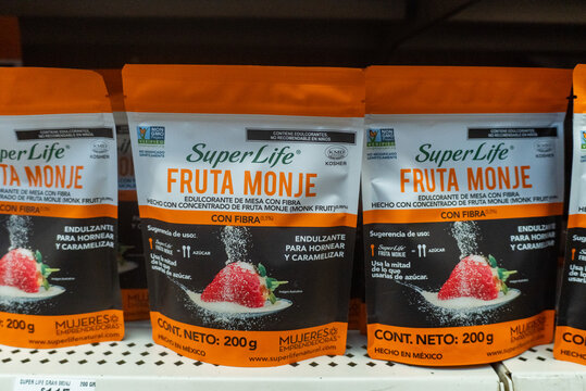 Villa de Alvarez, Colima. Mexico. June 17, 2026: Monk Fruit Sweetener with Fiber Packages Displayed on Grocery Store Shelf