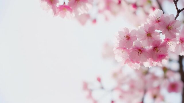 純白のクリーンな背景の右側で優しく揺れる、柔らかなピンクの桜の枝