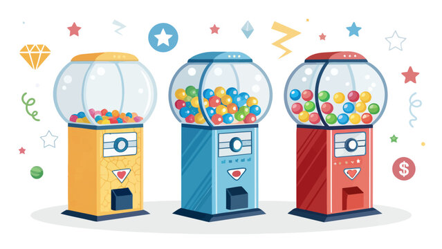 Three colorful gumball machines with various candy balls inside