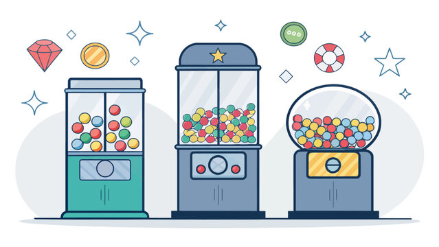 Set of three different gumball machines with colorful candy balls inside, vector illustration of vending machines for children