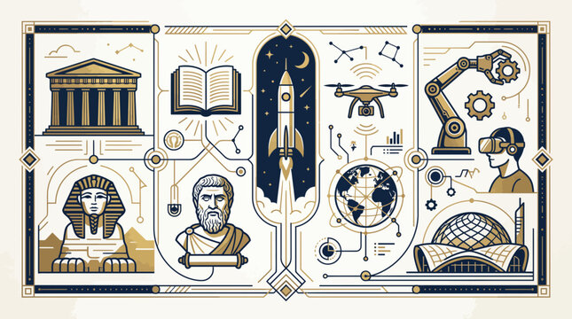Historical and futuristic technology icons showcasing human progress from ancient civilizations to space exploration.