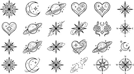Mega collection set of mystic celestial line art icons featuring black outline tattoos of stars, planets, hearts, crescent moons, and compass designs, © Colourfull