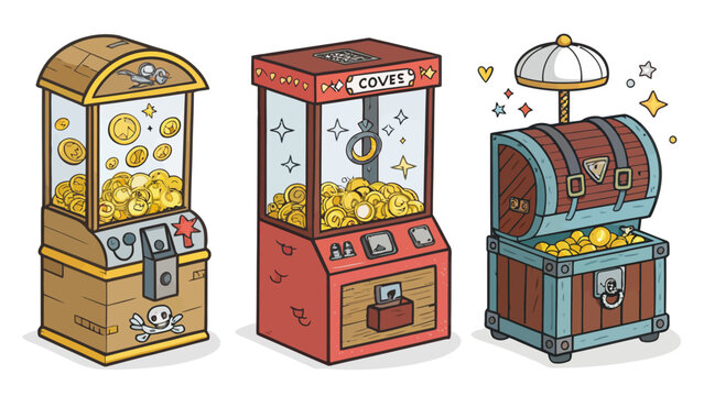 Set of three cartoon treasurethemed claw machines and a pirate chest filled with gold coins