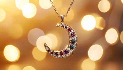 Elegant crescent moon pendant necklace with gemstones and bokeh background