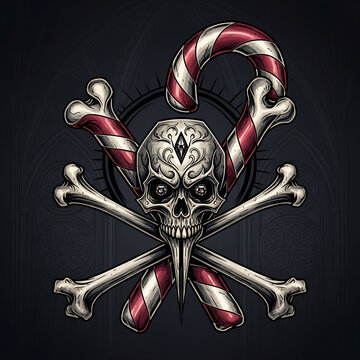 Graphic illustration featuring sugar skull design with crossed candy canes styled as bones against gothic dark background for winter festive eerie holiday.