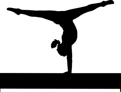Silhouette of a female gymnast performing a handstand split on a balance beam