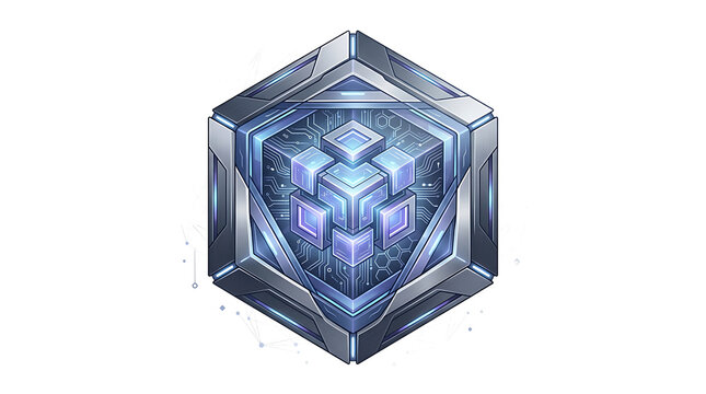 Futuristic metallic hexagonal data storage unit with glowing core blocks