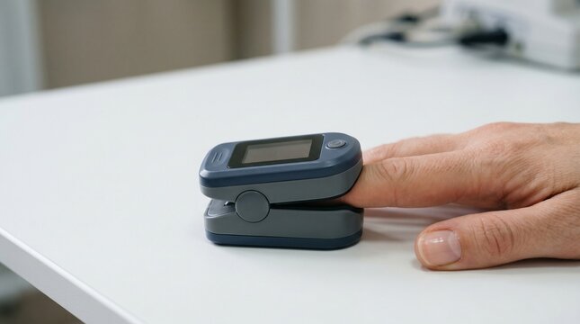 Portable digital pulse oximeter device placed on a table for medical oxygen saturation level monitoring and healthcare diagnostics in a professional clinic setting with bright lighting