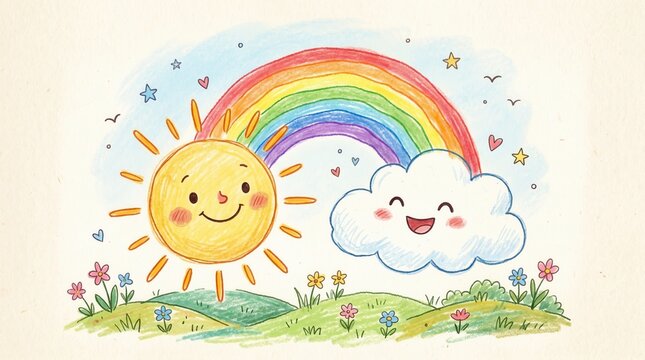 Cheerful sun and cloud smile on green hills under a bright rainbow