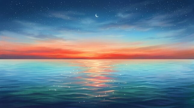 Peaceful ocean sunset with crescent moon and stars in the sky